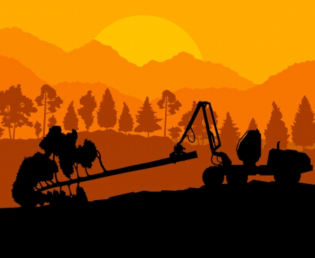 Forest cut down landscape with wood and heavy equipment trackのイラスト素材