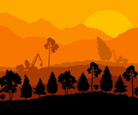 Forest cut down landscape with wood and heavy equipment trackのイラスト素材