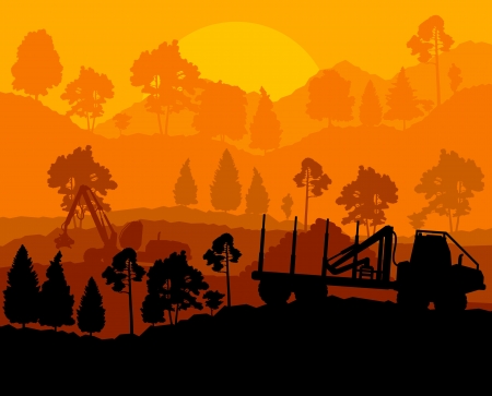 Forest cut down landscape with wood and heavy equipment trackのイラスト素材