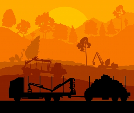 Forest cut down landscape with wood and heavy equipment trackのイラスト素材