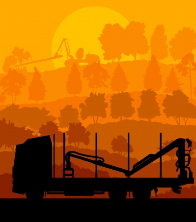 Forest cut down landscape with wood and heavy equipment trackのイラスト素材