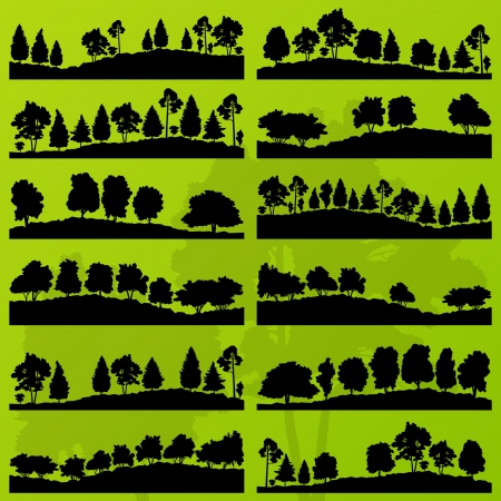 Forest trees silhouettes landscape illustration collection background vectorのイラスト素材