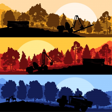 Forest cut down landscape with wood and heavy equipment trackのイラスト素材