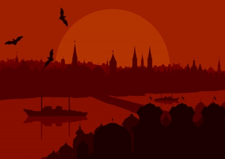 Halloween night old scary city town landscape with flying bats and moon illustration background vectorのイラスト素材