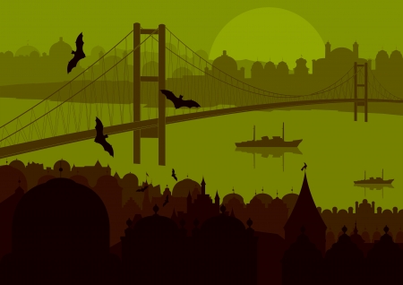 Halloween night old scary city town landscape with flying bats and moon illustration background vectorのイラスト素材