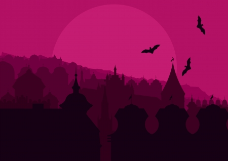 Halloween night old scary city town landscape with flying bats and moon illustration background vectorのイラスト素材