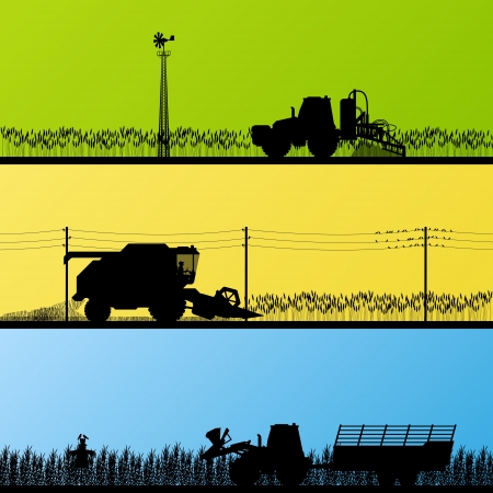 Agriculture tractors and harvesters in cultivated country fields landscape background illustration vectorのイラスト素材