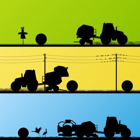 Agriculture tractors making hay bales in cultivated country fields landscape background illustration vectorのイラスト素材