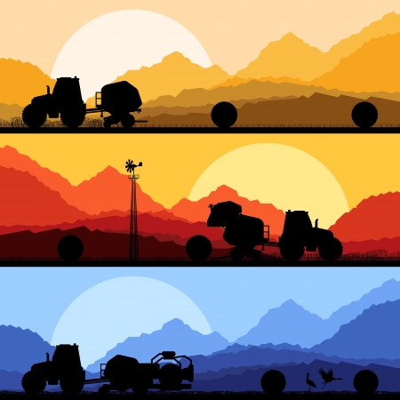 Agriculture tractors making hay bales in cultivated country fields landscape background illustration vectorのイラスト素材