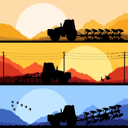 Agriculture tractors plowing the land in cultivated country fields landscape background illustration vectorのイラスト素材
