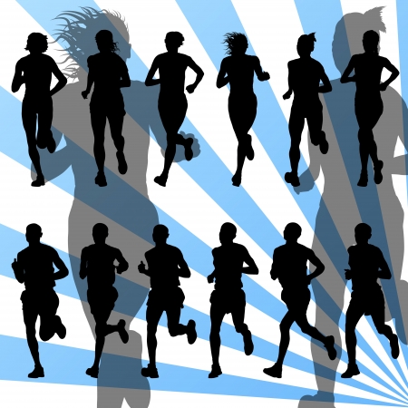Marathon runners detailed active illustration silhouettes collection background vectorのイラスト素材