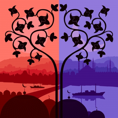 Vintage Arabic city landscape night and day cycle illustration background vectorのイラスト素材