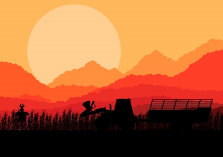 Tractor working in corn grain field background vector illustrationのイラスト素材