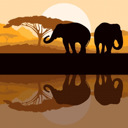 Elephant family in wild Africa mountain nature landscape background illustration vectorのイラスト素材