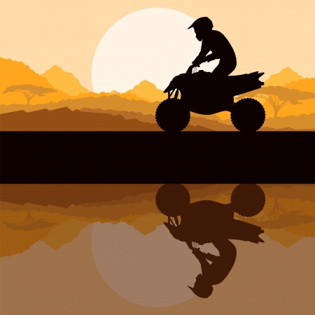 All terrain vehicle quad motorbike rider in wild nature forestのイラスト素材