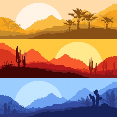 Desert wild nature landscapes with cactus and palm tree plants のイラスト素材