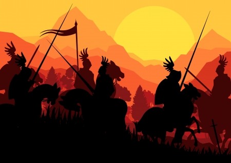 Medieval knight horseman silhouettes riding in battle fieldのイラスト素材