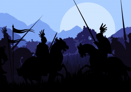 Medieval knight horseman silhouettes riding in battle fieldのイラスト素材