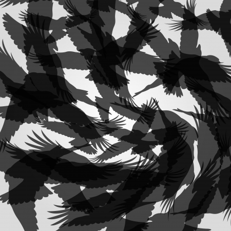 Dark crow and feathers flying silhouettes background illustration のイラスト素材
