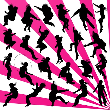 Young children illustration collection silhouettes jumping in the air background のイラスト素材