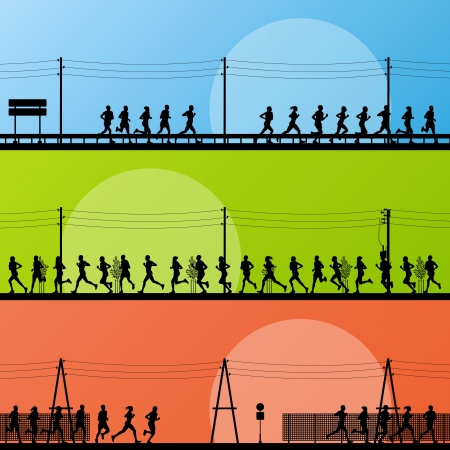 Marathon runners in country road highway landscape background illustrationのイラスト素材