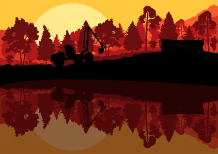 Forestry logger tractor in forest landscape のイラスト素材