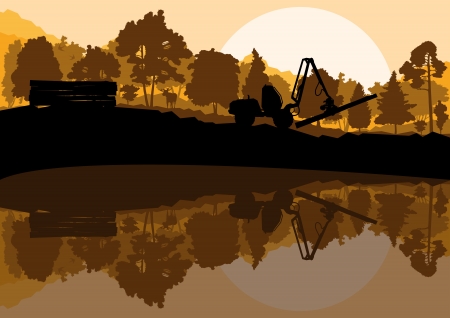 Forestry logger tractor in forest landscape のイラスト素材