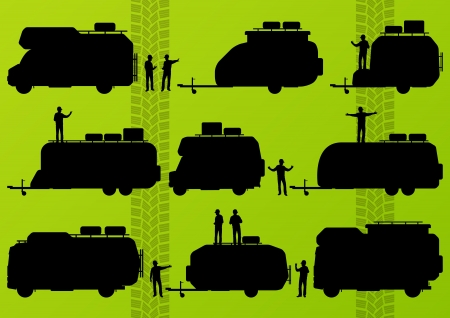 Tourist camper camping vehicles detailed silhouettes illustrationのイラスト素材