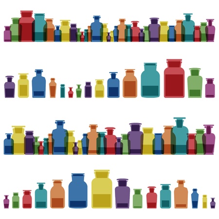 Vintage old glass jars, bottles and medicine chemistry potions colorful glasswareのイラスト素材
