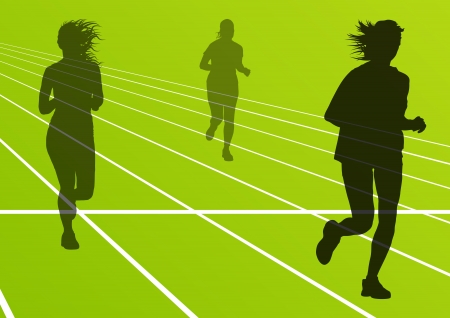Marathon runners running silhouettes in sport stadium landscape background illustration のイラスト素材
