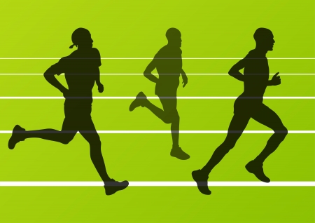 Marathon runners running silhouettes in sport stadium landscape background illustration のイラスト素材