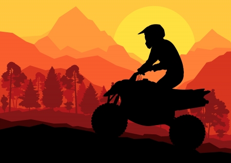 All terrain vehicle quad motorbike rider in wild nature forest mountain landscape background illustration のイラスト素材