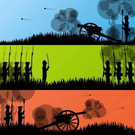 Vintage old civil war battle field warfare soldier troops and artillery cannon gunsのイラスト素材