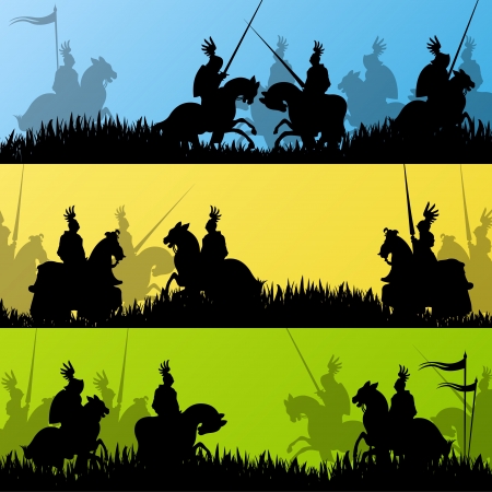 Medieval knight horseman silhouettes riding in battle field warfare illustration background のイラスト素材