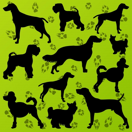 Dogs and dog footprints detailed silhouettes illustration collection background のイラスト素材