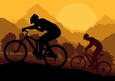 Mountain bike riders in wild forest mountain nature landscape background illustration のイラスト素材