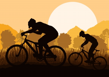 Mountain bike riders in wild forest mountain nature landscape background illustration のイラスト素材