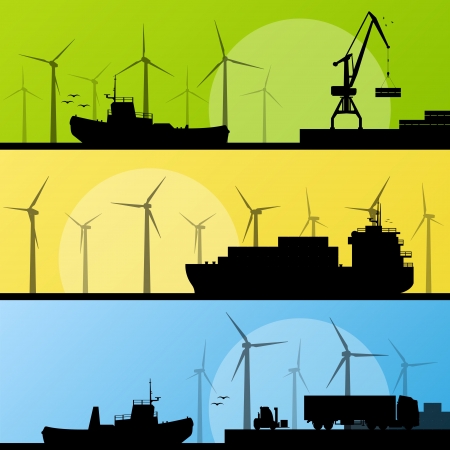 Wind electricity generators and windmills lin ocean and sea harbor for posterのイラスト素材