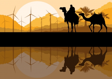 Wind electricity generators, windmills and camel caravan in desert のイラスト素材