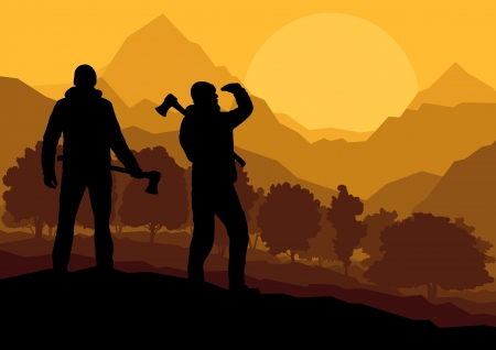 Loggers with axes in wild mountain forest nature landscape vectorのイラスト素材
