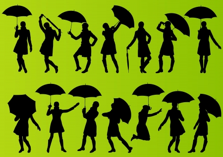 Girl with umbrella and raincoat in detailed editable silhouette illustration collection green background vectorのイラスト素材