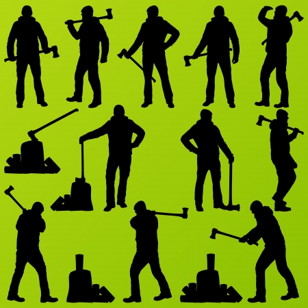 Woodcutter set vector background with man and wood axのイラスト素材