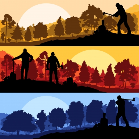 Loggers with axes in wild mountain forest nature landscape vectorのイラスト素材