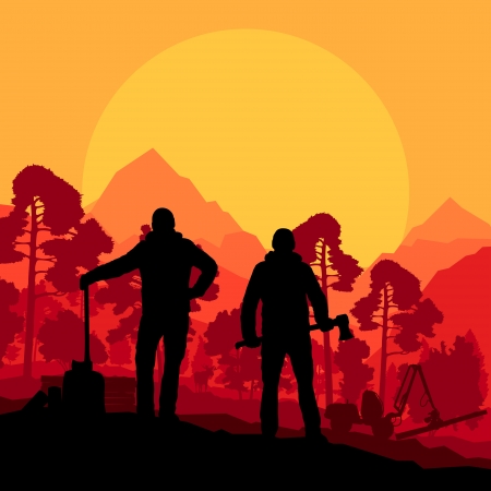 Loggers with axes in wild mountain forest nature landscape vectorのイラスト素材