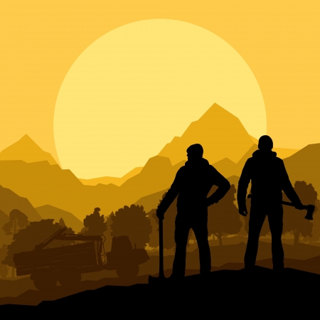 Loggers with axes in wild mountain forest nature landscape vectorのイラスト素材