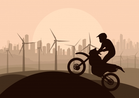 Wind electricity generators, windmills and all terrain motorcycle in desert city landscape ecology illustration background vectorのイラスト素材