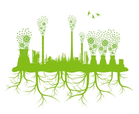 Ecology factory chimney vector background concept with no pollution and green planet rootsのイラスト素材