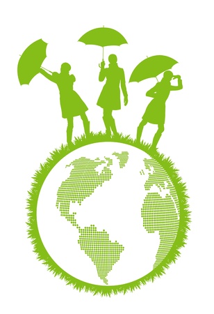 Ecology world concept with woman and umbrella protecting planet Earthのイラスト素材