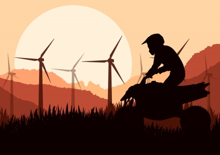 Wind electricity generators, windmills and all terrain motorcycle in desert mountain landscape ecology illustration background vectorのイラスト素材