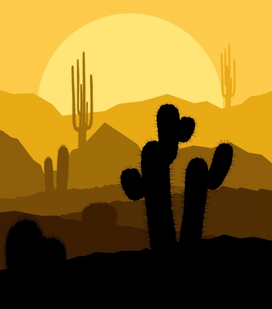 Cactus plants in desert sunset vector background for posterのイラスト素材